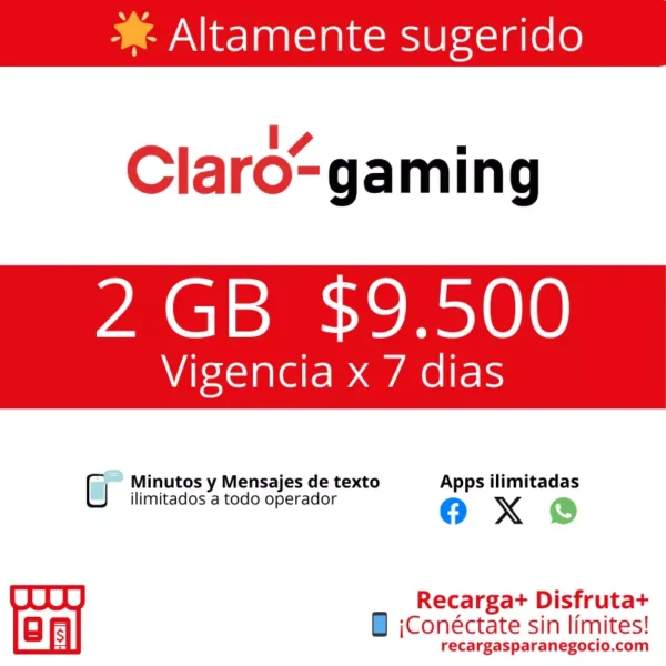 Paquete Claro GAMING 2 GB Todo Incluido 7 Días Claro Gaming 2 GB WhatsApp y Minutos Ilimitados por 7 días