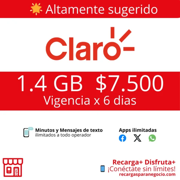 Paquete Claro 1.4 GB WhatsApp y Minutos Ilimitados por 6 días