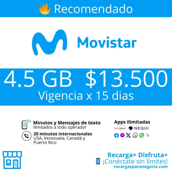 Paquete Movistar 4.5 GB con Minutos y Apps Gratis por 15 días