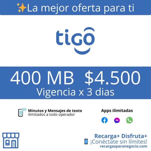 Paquete Tigo 400 MB WhatsApp y Minutos Ilimitados por 3 días Paquete Tigo 400 MB WhatsApp y Minutos Ilimitados por 3 días