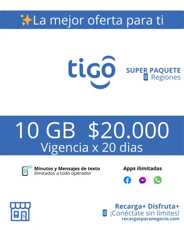 Paquete Tigo Regional 10 gigas x 20 dias Paquete Tigo Regional 10 gigas x 20 dias