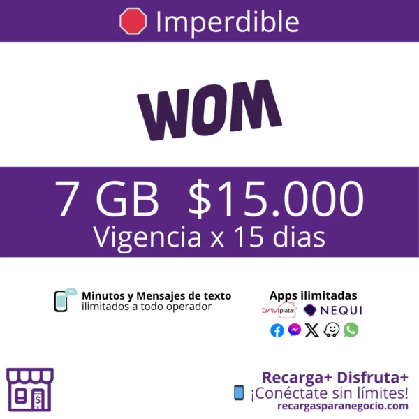 Paquete WOM 7 GB WhatsApp y Minutos Ilimitados por 15 días Paquete WOM 7 GB WhatsApp y Minutos Ilimitados por 15 días