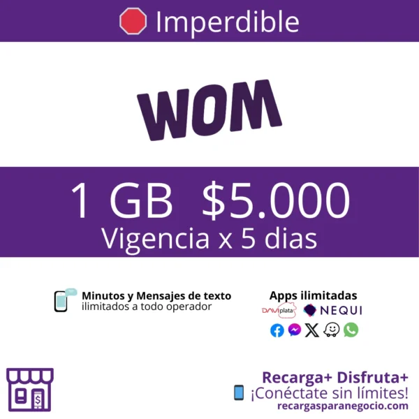 Paquete WOM 1 GB Minutos y Apps Ilimitadas por 5 días